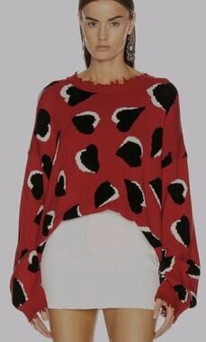 R13 Hearts Oversized Distressed Sweater Red Black Intarsia Knit Slouchy Grunge